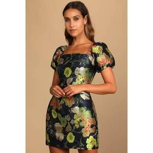 Lulus So Stunning Navy Blue Floral Jacquard Puff Sleeve Mini Dress - Size M